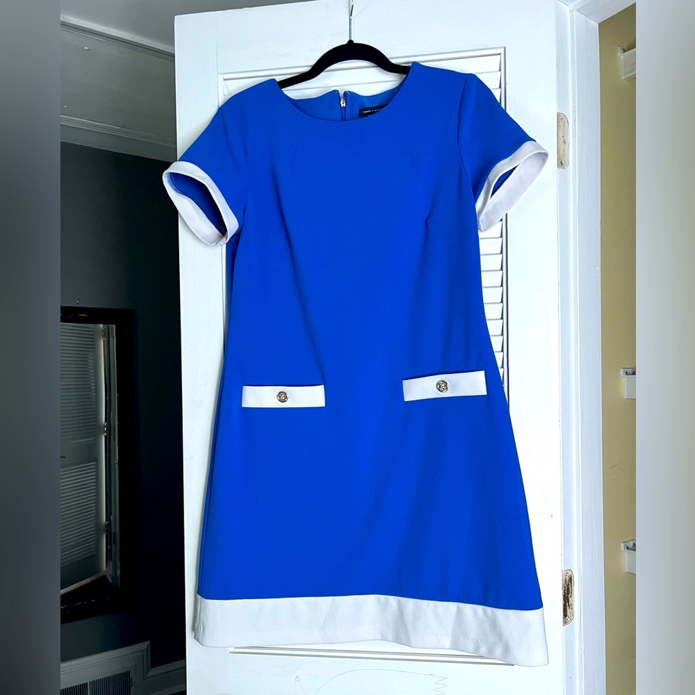 Cobalt Blue Tommy Hilfiger dress with gold buttons and white trim